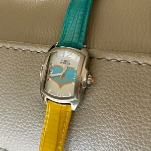 Invicta Women's Teal and Yellow Leather Strap Watch with Silver Case